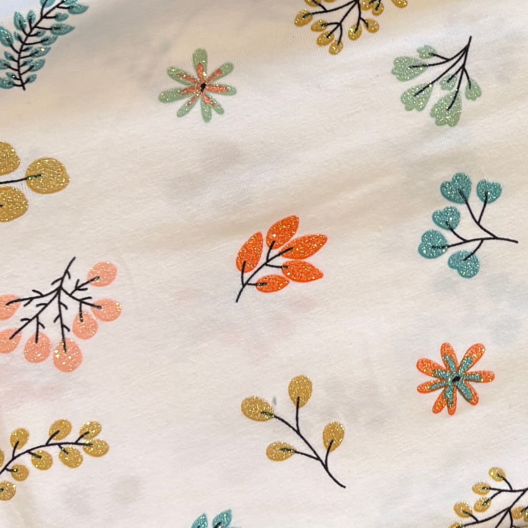 jersey paillette fleurs orange et bleu